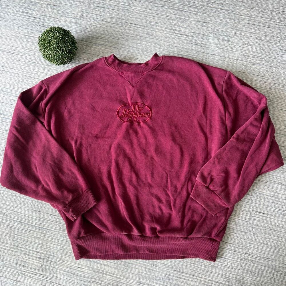 Oversized Dr Pepper Embroidered Fleece Crewneck Sweatshirt Burgundy Medium